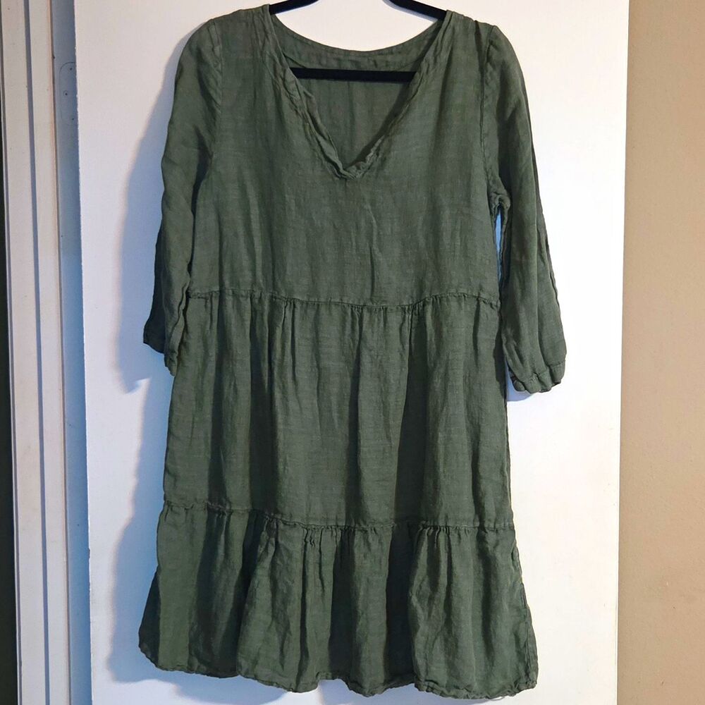 Francesca Bettini Green Linen V-Neck Roll Tab 3/4 Sleeve A-Line Short M